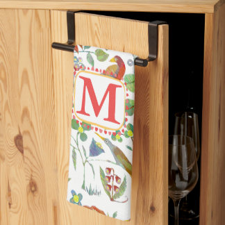 Paño De Cocina Patrón floral de aves de cosecha de color monogram