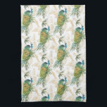 Paño De Cocina Patrón floral de color acuático moderno y elegante<br><div class="desc">Este impresionante diseño cuenta con un hermoso pavo real en un follaje tropical. El fondo tiene varios ilustraciones dorados de pavos reales en un fondo blanco.</div>