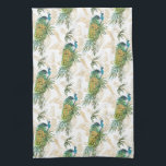 Paño De Cocina Patrón floral de color acuático moderno y elegante<br><div class="desc">Este impresionante diseño cuenta con un hermoso pavo real en un follaje tropical. El fondo tiene varios ilustraciones dorados de pavos reales en un fondo blanco.</div>