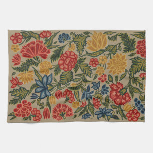 Paño De Cocina Patrón Floral de Crewel Rojo y Dorado Vintage