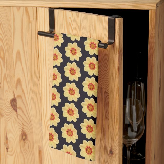 Paño De Cocina Patrón floral de Dahlia amarillo en negro (Pliegue de tercios)