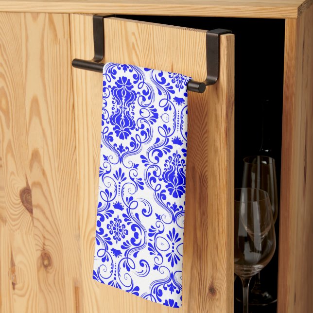 Paño De Cocina Patrón floral de Damasco azul y blanco elegante (Pliegue de tercios)