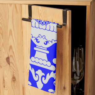 Paño De Cocina Patrón floral de Damasco azul y blanco elegante