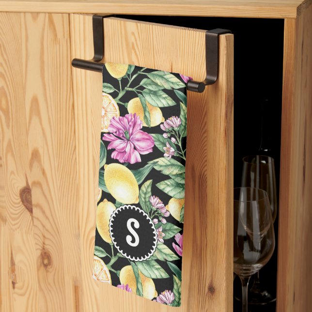 Paño De Cocina Patrón floral de lemones y tulipanes | Monograma d (Pliegue de tercios)