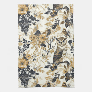 Paño De Cocina Patrón Floral de Madera de Búho Beige Rústico