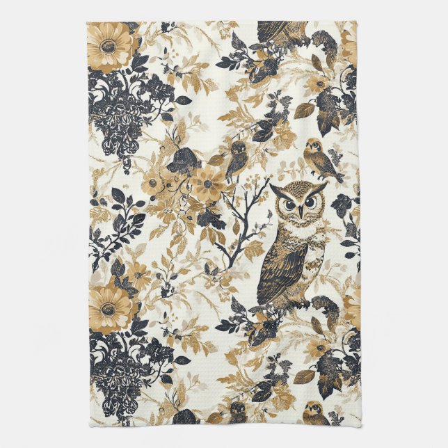 Paño De Cocina Patrón Floral de Madera de Búho Beige Rústico (Vertical)