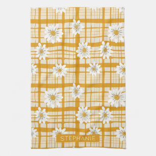 Paño De Cocina Patrón floral de margarita blanca en Gingham amari
