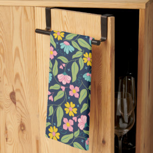 Paño De Cocina Patrón floral de primavera sobre azul oscuro