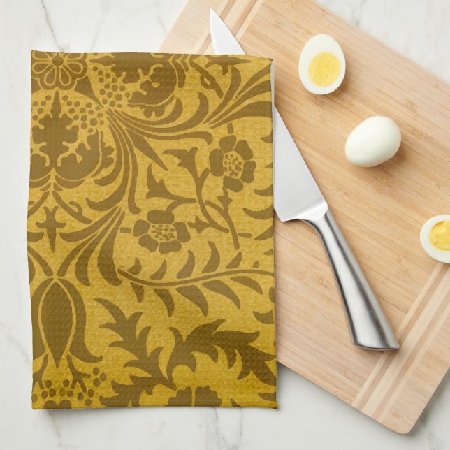 Paño De Cocina Patrón floral dorado ornamentado con simetría (Doblado Cuarto)