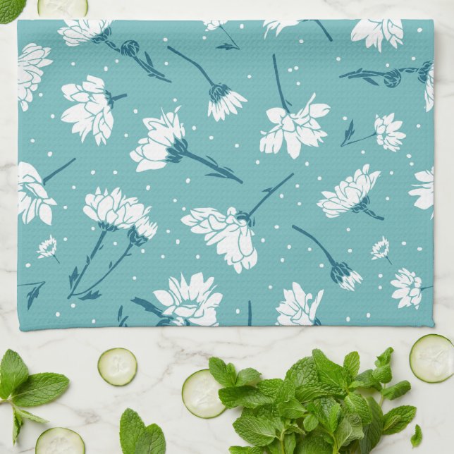 Paño De Cocina Patrón floral elegante - Botánico Verde azulado y  (Doblado)