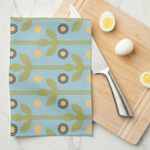 Paño De Cocina Patrón floral folclórico retro verde y azul cúbico