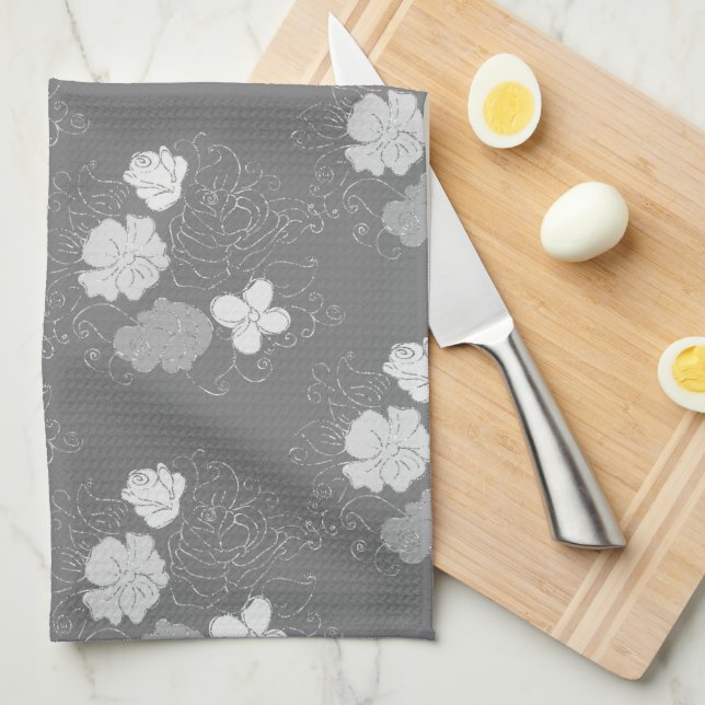 Paño De Cocina Patrón floral gris y blanco moderno (Doblado Cuarto)