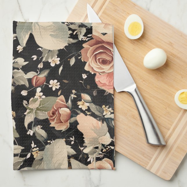 Paño De Cocina Patrón floral negro elegante y moderno (Doblado Cuarto)