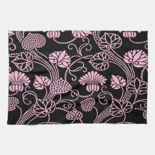 Paño De Cocina Patrón floral retro rosa sobre negro