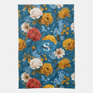 Paño De Cocina Patrón floral rubio de color vintage en azul