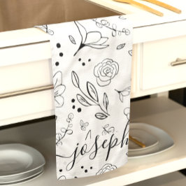 Paño De Cocina Patrón floral simple blanco negro personalizado