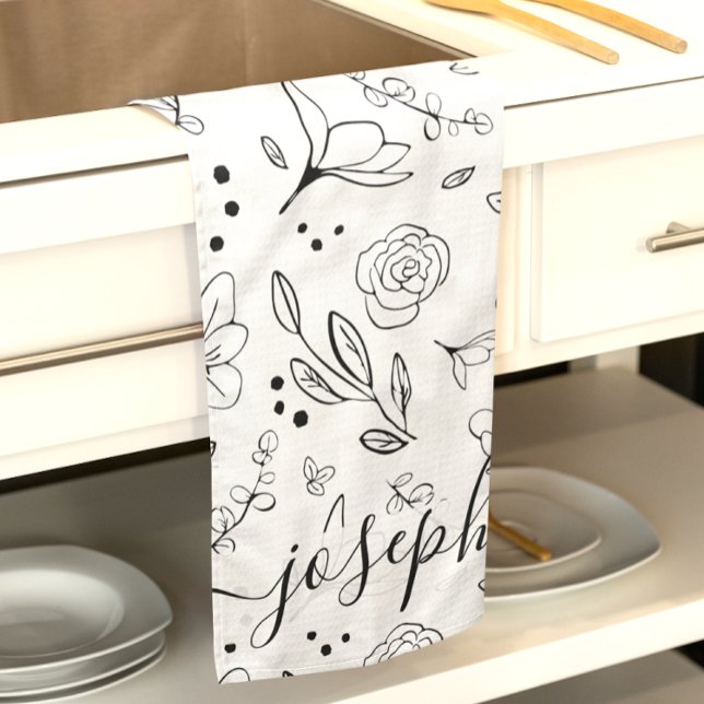 Paño De Cocina Patrón floral simple blanco negro personalizado (Black white minimalist floral pattern personalized kitchen tea towel.)