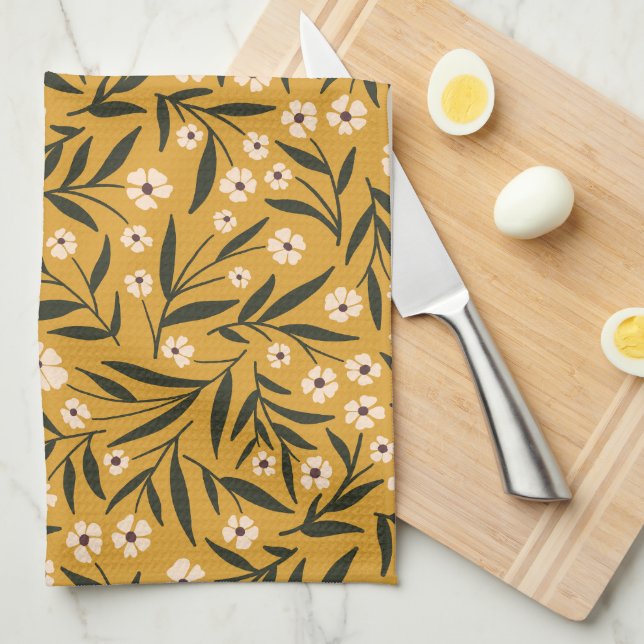 Paño De Cocina Patrón floral simple en mostaza amarillo y verde (Doblado Cuarto)
