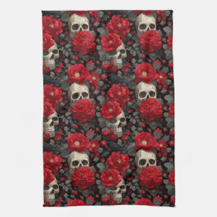 Paño De Cocina Patrón floral sin fisuras de cuervo y calavera gót