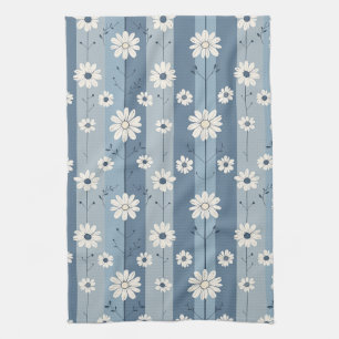Paño De Cocina Patrón Floral Vintage de Margarita con Raya Azul