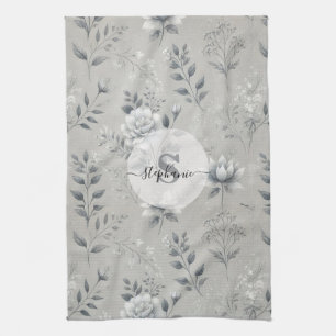 Paño De Cocina Patrón floral vintage sobre fondo gris ruso