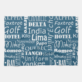 Paño De Cocina Patrón fonético de alfabeto blanco sobre azul naum