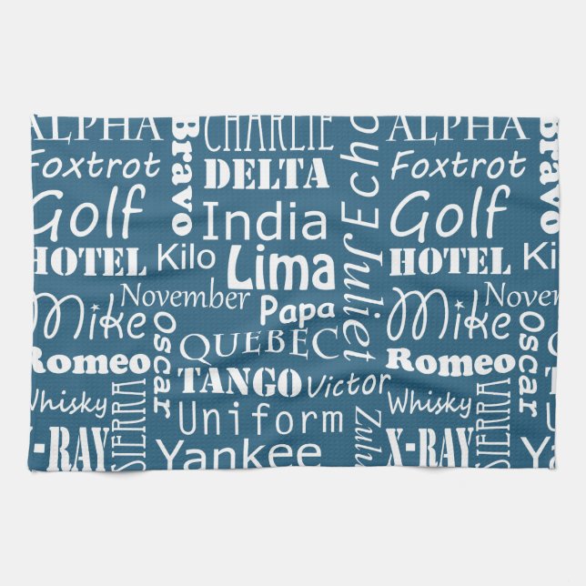 Paño De Cocina Patrón fonético de alfabeto blanco sobre azul naum (Horizontal)