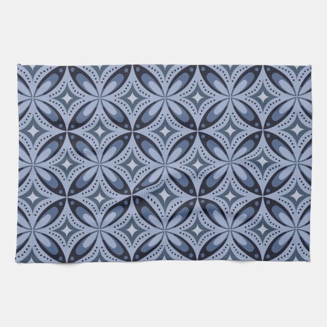 Paño De Cocina Patrón geométrico azul estilo retro (Horizontal)