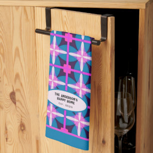 Paño De Cocina Patrón Geométrico de Berenjena Fuchsia Verde Teal 