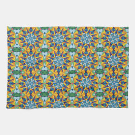 Paño De Cocina Patrón geométrico fractal azul y amarillo