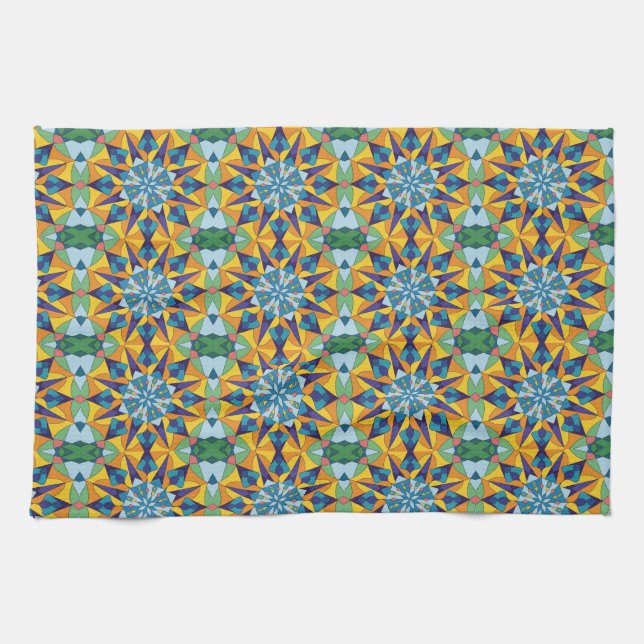Paño De Cocina Patrón geométrico fractal azul y amarillo (Horizontal)