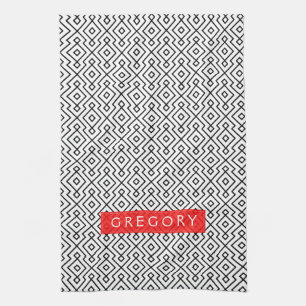 Paño De Cocina Patrón Geométrico Monogramado Blanco Y Negro