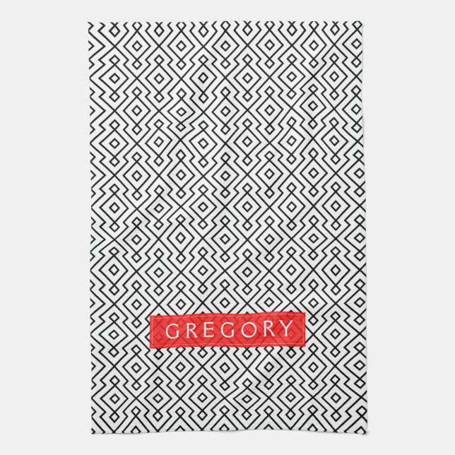 Paño De Cocina Patrón Geométrico Monogramado Blanco Y Negro (Vertical)