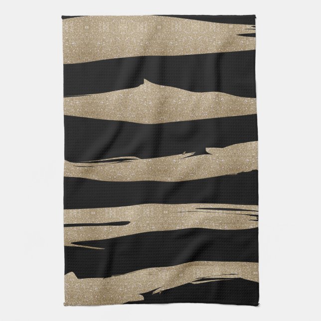 Paño De Cocina patrón geométrico preppy franjas de negro y oro (Vertical)