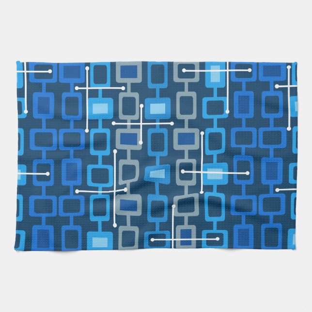 Paño De Cocina Patrón geométrico retro de los años 50 azul (Horizontal)