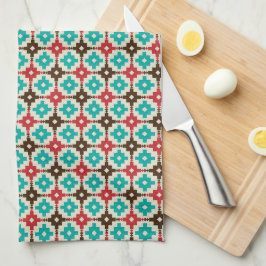 Paño De Cocina Patrón geométrico retro en azul verdoso y naranja