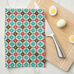 Paño De Cocina Patrón geométrico retro en azul verdoso y naranja