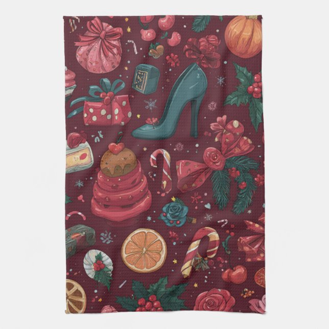 Paño De Cocina Patrón Glam Navidad Coquette Rojo (Vertical)