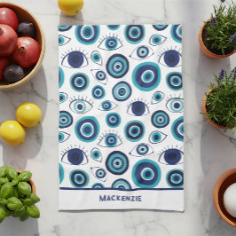 Paño De Cocina Patrón griego de ojo malo azul blanco personalizad
