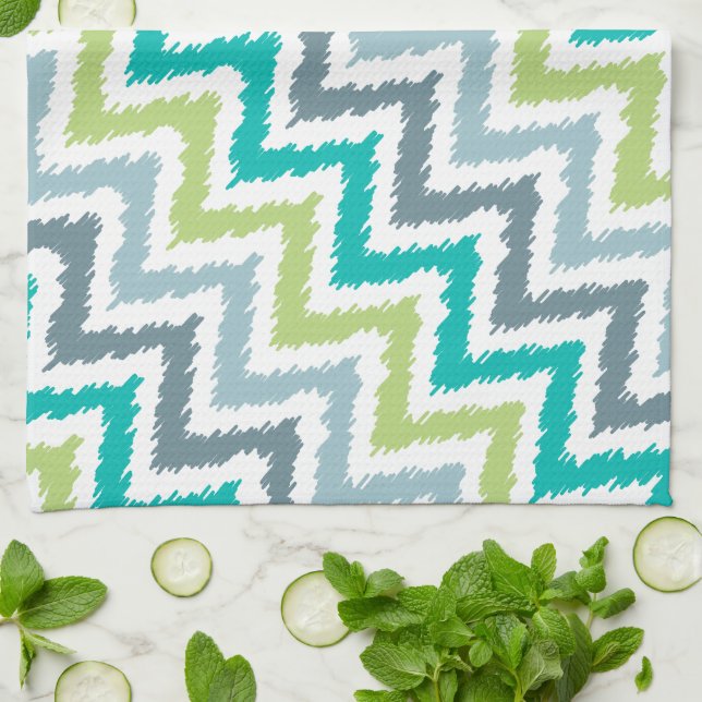 Paño De Cocina Patrón Ikat de Zigzag Verde Azul (Doblado)