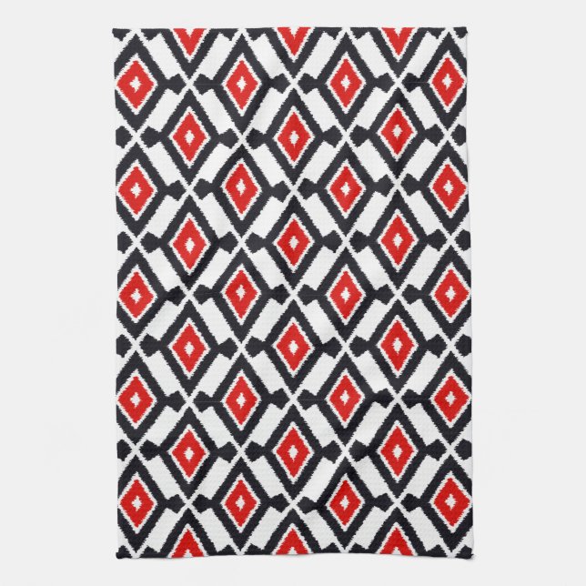 Paño De Cocina Patrón Ikat - rojo oscuro, negro y blanco (Vertical)