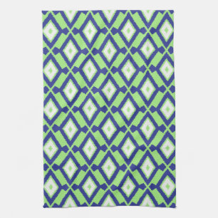 Paño De Cocina Patrón Ikat - Verde, Azul índigo y Blanco