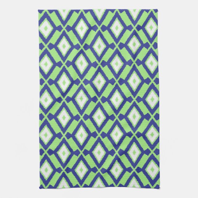 Paño De Cocina Patrón Ikat - Verde, Azul índigo y Blanco (Vertical)