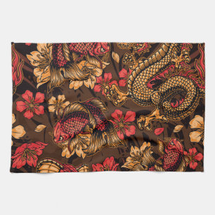Paño De Cocina Patrón koi del dragón japonés.