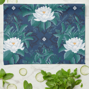 Paño De Cocina Patrón Lotus de la medianoche blanca