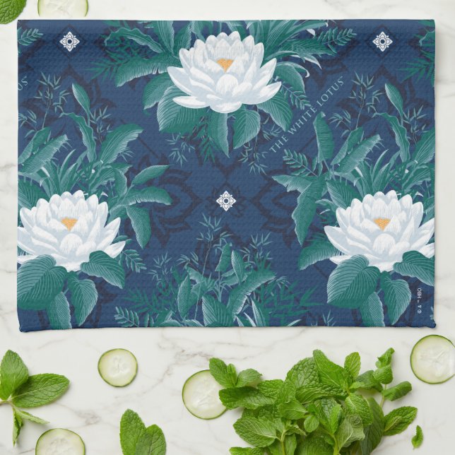 Paño De Cocina Patrón Lotus de la medianoche blanca (Doblado)
