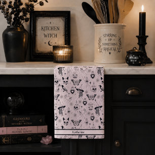 Paño De Cocina Patrón mágico de bruja whimsigoth rosa