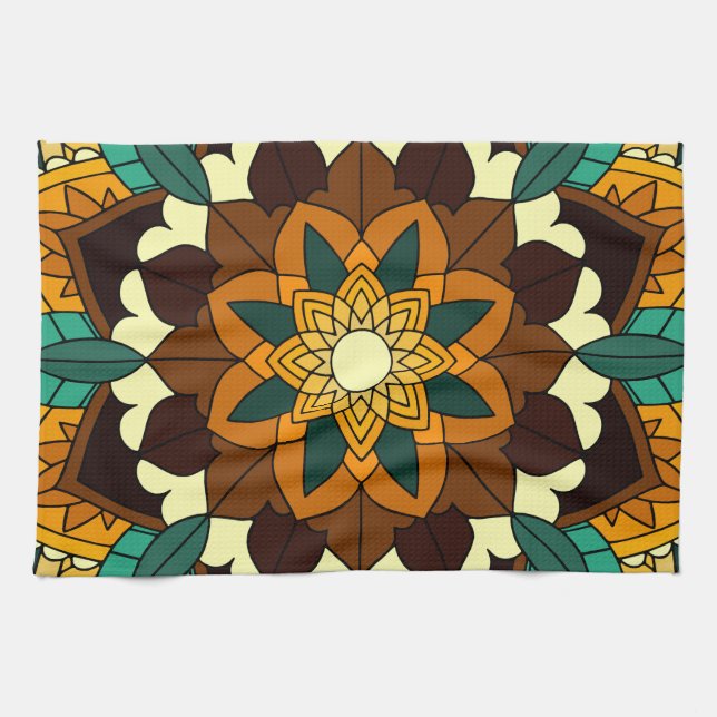 Paño De Cocina Patrón Mandala 02 en amarillo y marrón (Horizontal)