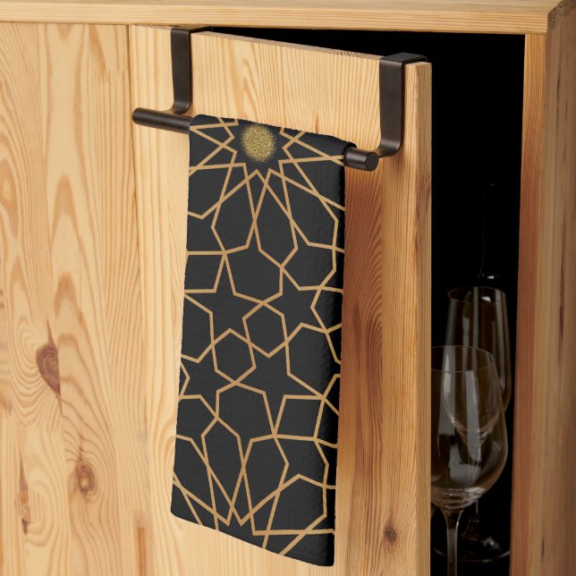 Paño De Cocina Patrón marroquí moderno dorado negro mediterráneo (Pliegue de tercios)