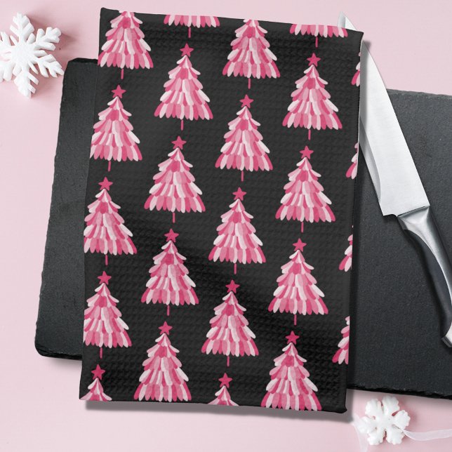 Paño De Cocina Patrón moderno de árbol de Navidad negro rosado (Black and pink christmas tree woodland Christmas kitchen tea towel.)